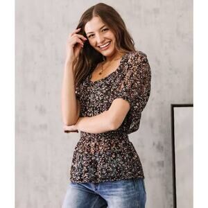 Willow & Root Black Floral Ruched Mesh Peplum Top Puff Sleeve Women’s Size XS